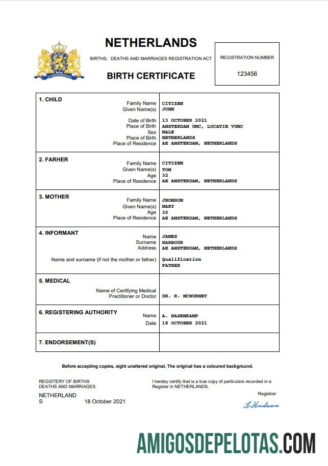 Para baixar modelo Word e PDF de certidão de nascimento de registro vital da Holanda
